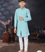 Off white jackard indowestern with thread work & fancy botton