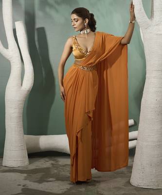 Marigold yellow pre stitched drape saree 1