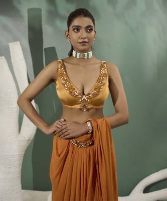 Marigold yellow pre stitched drape saree 2