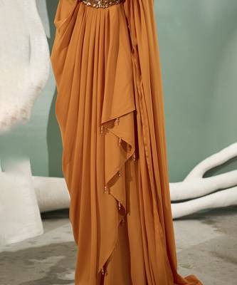 Marigold yellow pre stitched drape saree 3