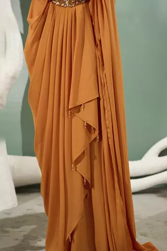 Marigold yellow pre stitched drape saree