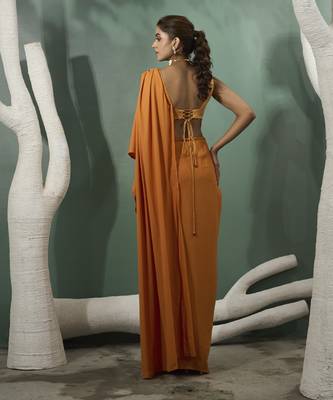 Marigold yellow pre stitched drape saree 4