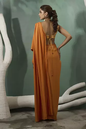 Marigold yellow pre stitched drape saree