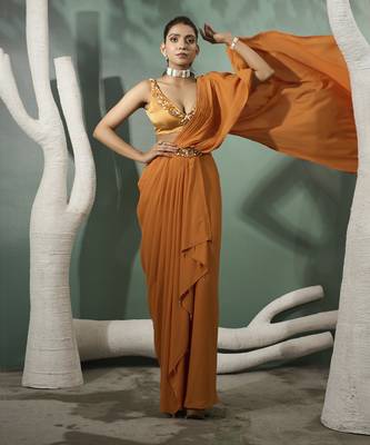 Marigold yellow pre stitched drape saree 5
