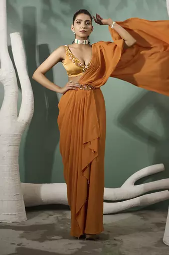 Marigold yellow pre stitched drape saree