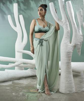 Mint green drape saree set 1
