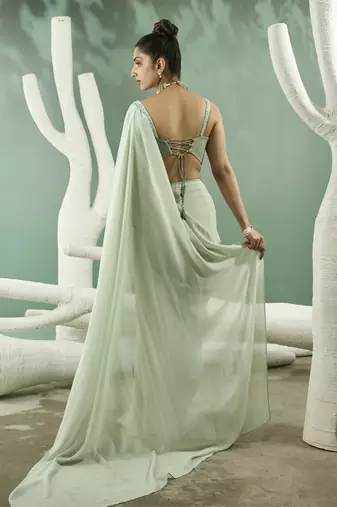 Mint green drape saree set