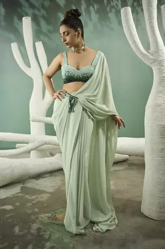 Mint green drape saree set