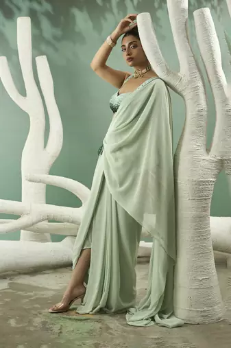 Mint green drape saree set