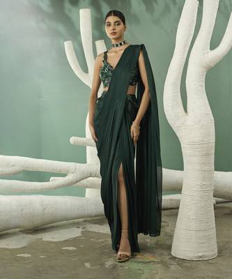 Emarald green cutwork drape saree set 1