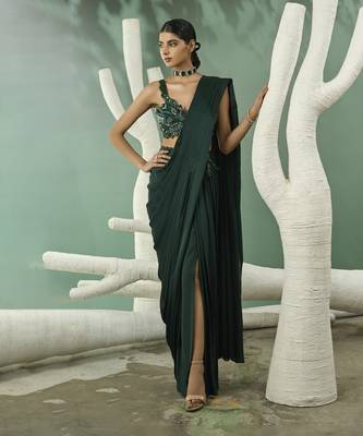 Emarald green cutwork drape saree set 2