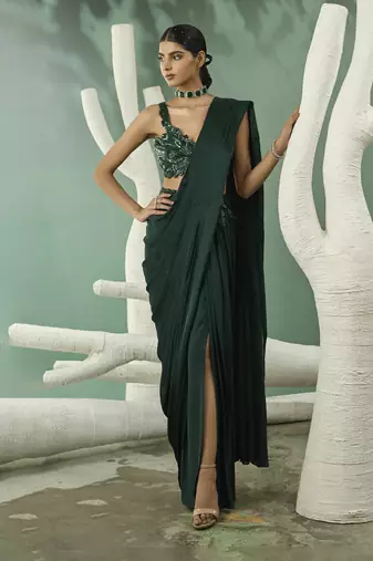 Emarald green cutwork drape saree set