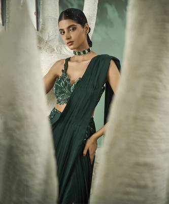 Emarald green cutwork drape saree set 3