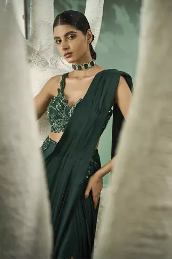 Emarald green cutwork drape saree set