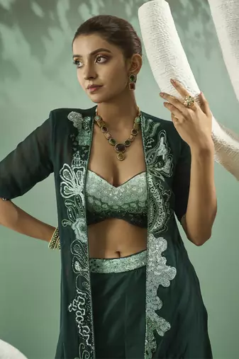 Sharara set with ombre hand embroidered blouse and jacket