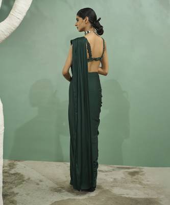 Emarald green cutwork drape saree set 4
