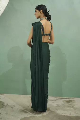 Emarald green cutwork drape saree set