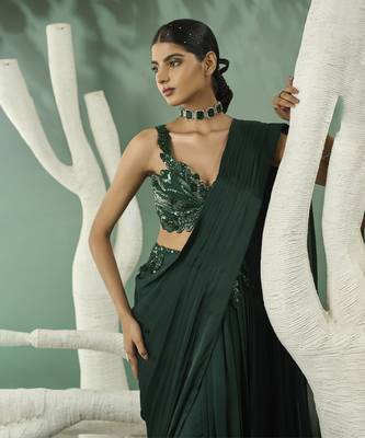 Emarald green cutwork drape saree set 5