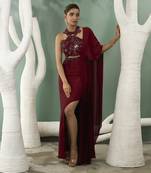 Burgundy drape saree set