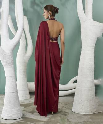 Burgundy drape saree set 2