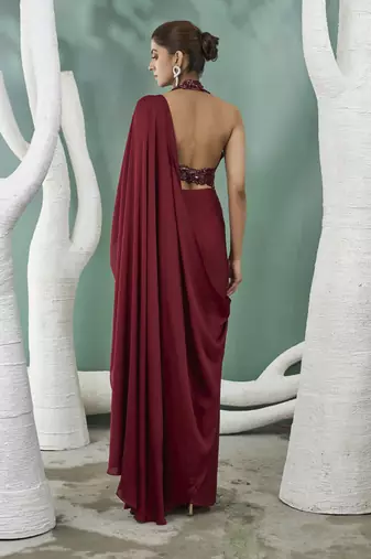 Burgundy drape saree set