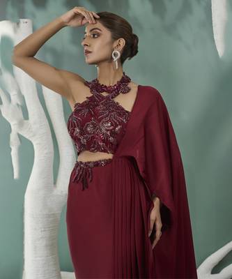 Burgundy drape saree set 3