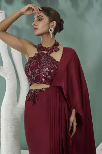 Burgundy drape saree set