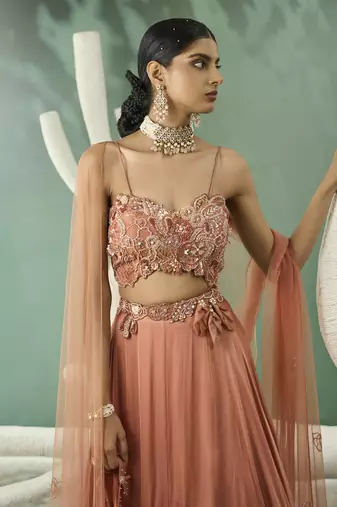 Peach Applique Lehenga Set