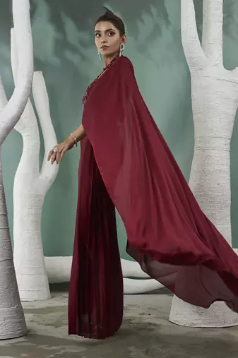 Burgundy drape saree set