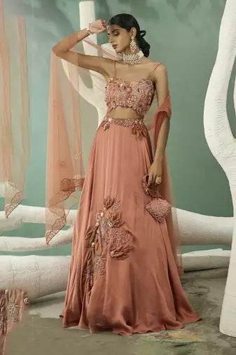 Peach Applique Lehenga Set
