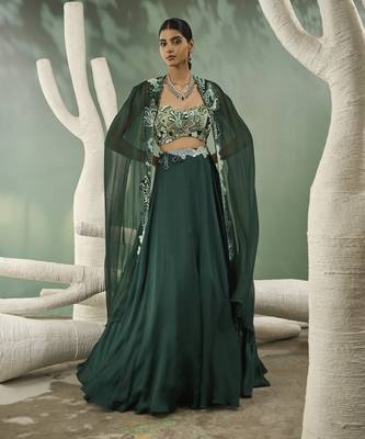 Mint & Dark Green Aaplique Lehenga With Cut-Out Jacket 1