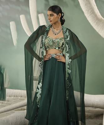 Mint & Dark Green Aaplique Lehenga With Cut-Out Jacket 2