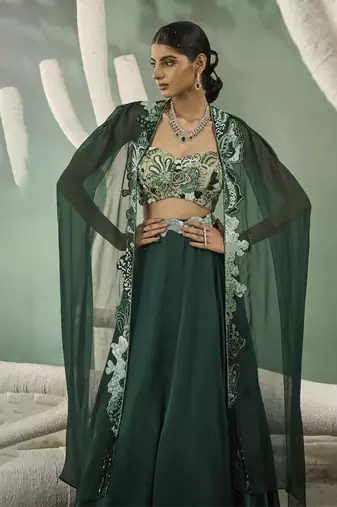 Mint & Dark Green Aaplique Lehenga With Cut-Out Jacket