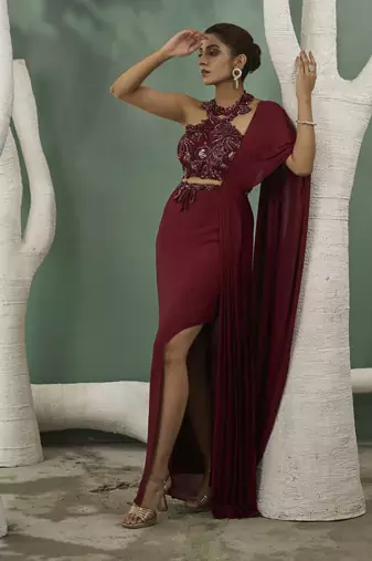 Burgundy drape saree set