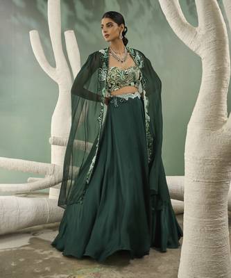 Mint & Dark Green Aaplique Lehenga With Cut-Out Jacket 3