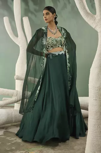 Mint & Dark Green Aaplique Lehenga With Cut-Out Jacket