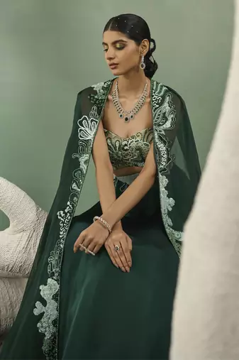 Mint & Dark Green Aaplique Lehenga With Cut-Out Jacket