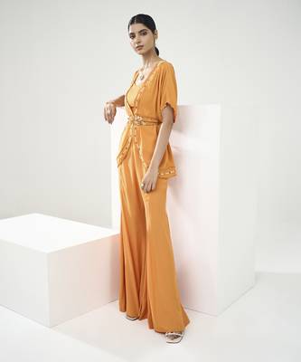 Marigold yellow placement embroidered tunic with flared pants 1