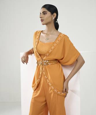 Marigold yellow placement embroidered tunic with flared pants 2