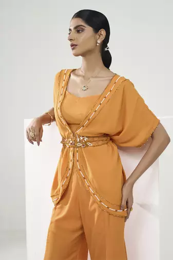 Marigold yellow placement embroidered tunic with flared pants