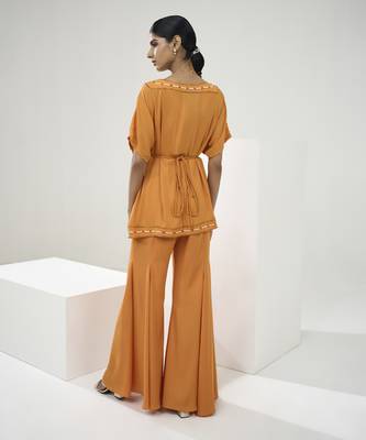 Marigold yellow placement embroidered tunic with flared pants 3