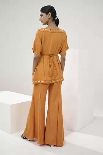 Marigold yellow placement embroidered tunic with flared pants
