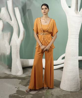 Marigold yellow placement embroidered tunic with flared pants 4