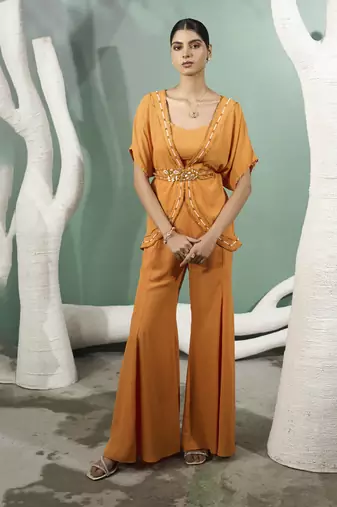 Marigold yellow placement embroidered tunic with flared pants