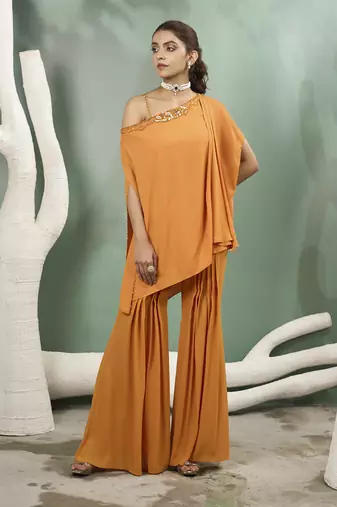 Marigold yellow flowy draped tunic set