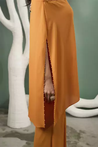 Marigold yellow flowy draped tunic set
