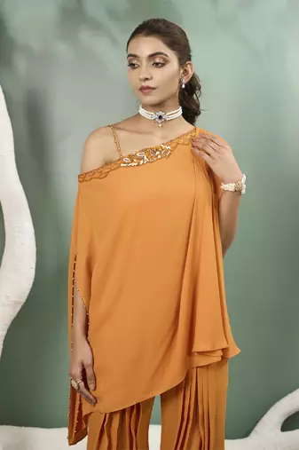 Marigold yellow flowy draped tunic set