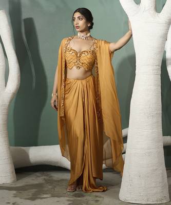 Marigold yellow cutwork cape set 1