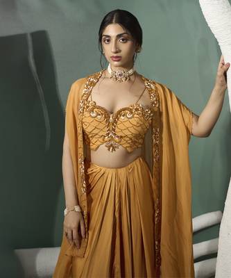 Marigold yellow cutwork cape set 2