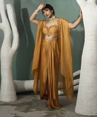 Marigold yellow cutwork cape set 3